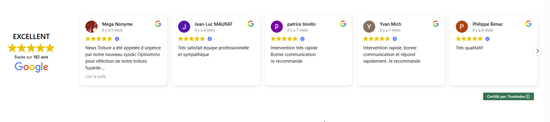 Aperçu du widget d’avis Google Trustindex de News Toiture : Excellent, 182 avis
